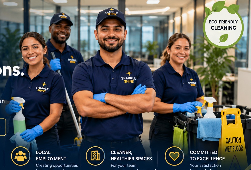 Illustrative image of a diverse cleaning team in Sparkle Shine uniforms
